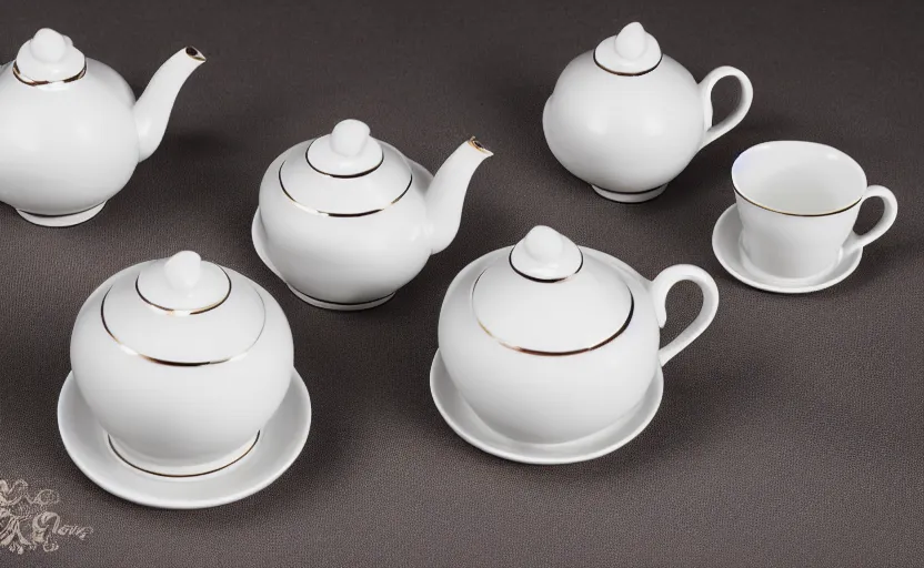 Prompt: Engalnd Porcelain tea set, 80mm, soft contrast, still life photo studio