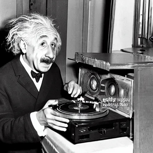 Image similar to photo of Albert Einstein DJing a record player at a nightclub, vintage, highly detailed facial features, at a nightclub