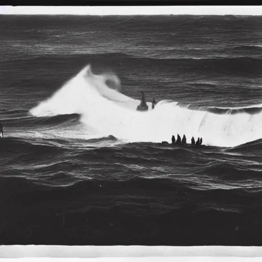 Image similar to insane by walker evans. the installation art of a huge wave about to crash down on three small boats. the boats are filled with people, & they all look terrified.