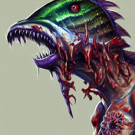 Image similar to zombified tribal mahi mahi full body profile, trending on artstation, ultra fine detailed, hyper detailed, hd, concept art, digital painting