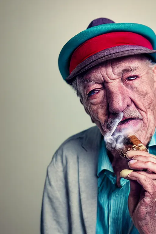 Image similar to insanely moody vaporwave portrait of an old man with hat smoking cigar, motion blurred background, teal and orange colors, vaporwave, photorealism, cinema still, photography, porcelain skin, wrinkles, smooth, volumetric studio lighting, portrait photography, award winning photography, insane details, 8 k high definition, artstation