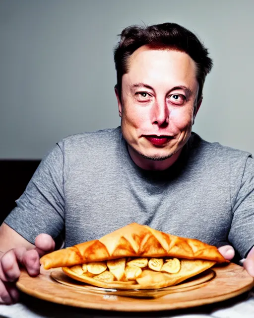 Image similar to a portrait of elon musk sitting at the dining table with a plate containing samosa in front of him, highly detailed, trending on artstation, bokeh, 9 0 mm, f / 1. 4