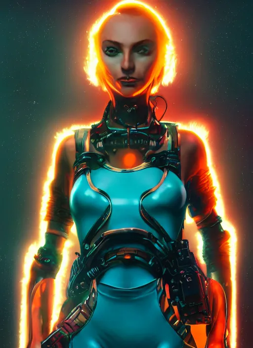 Image similar to symmetry!! dynamic pose! closeup portrait of a cyborg pirate girl, fashion cyber jumpsuit with big shoulder pads, cinematic light, backlight, windy, teal orange, smoke trails, dust particles, by gerald brom, by mikhail vrubel, by peter elson, muted colors, extreme detail, trending on artstation, 8 k