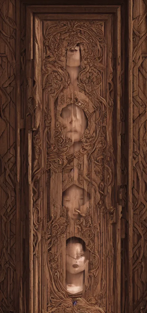 Image similar to a womans faced carved into a wooden door, intricate Details, raphael lacoste, eddie mendoza, alex ross, john howe, concept art, matte painting, highly detailed, rule of thirds, dynamic lighting, cinematic, detailed, denoised, centerd, clean render