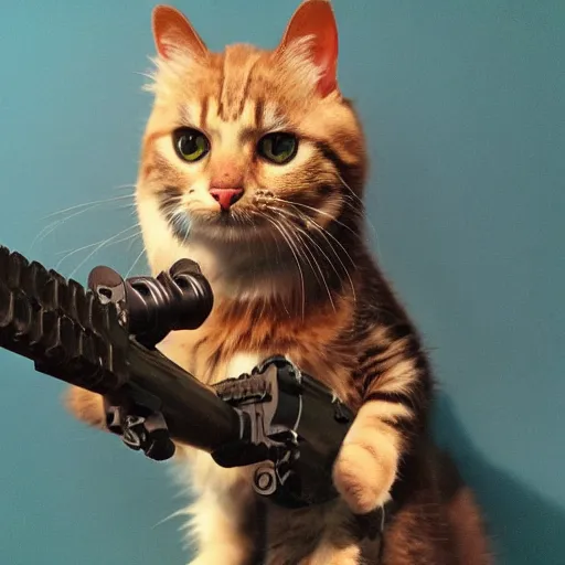 Image similar to realistic cute cat holding a giant minigun