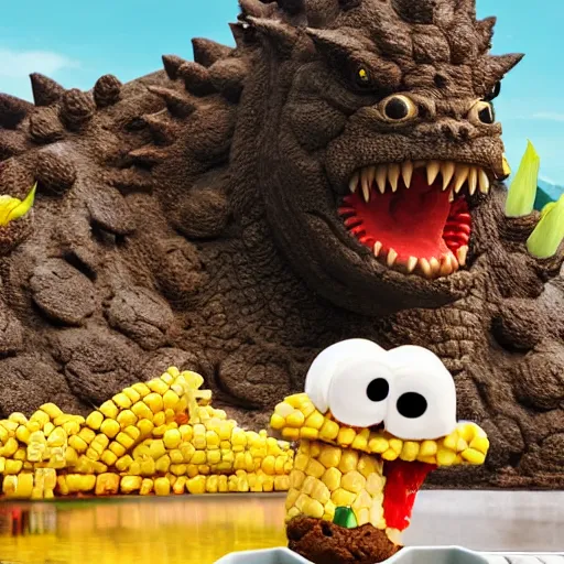 Image similar to Poop monster with corn in it, eating a cookie, godzilla, japan, movie set, 4k, HDR