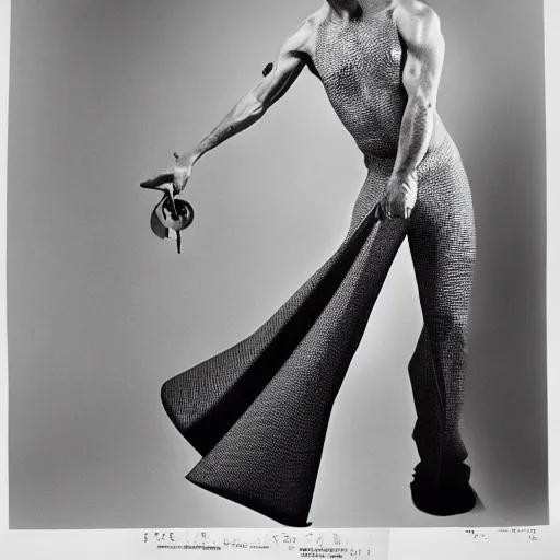 Image similar to a man with scales, large format film fashion photograph by richard avedon