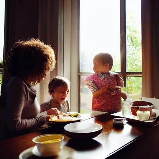 Image similar to a family having breakfast at morning, sunny light coming from a window