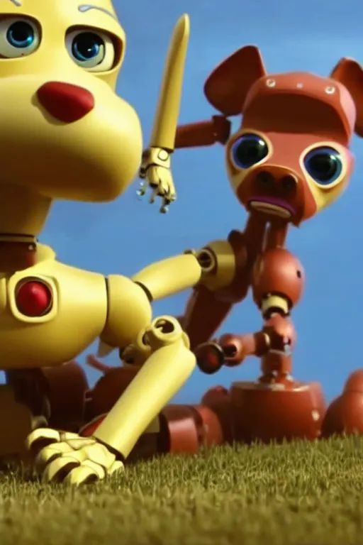 Prompt: Robot dog is trying to bite his own tail. By Disney Pixar 4K render 3d funny animation movie Oscar winning