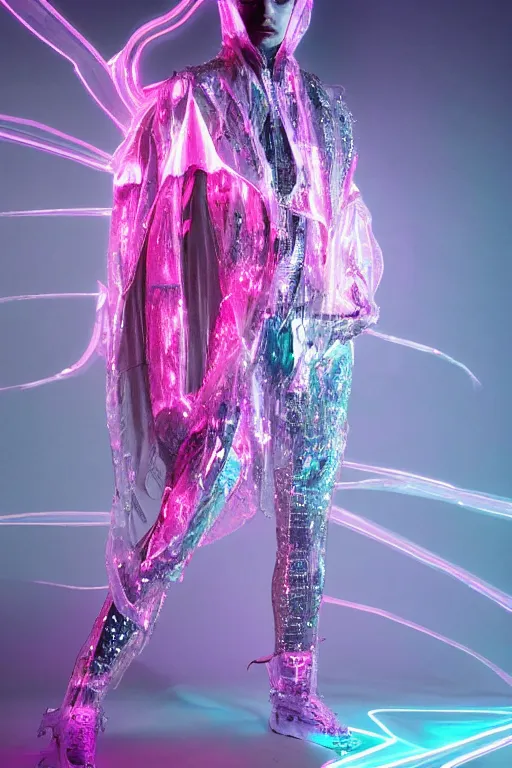 Image similar to full-body rococo and cyberpunk delicate crystalline sculpture of a muscular iridescent Joe Jonas as a humanoid deity wearing a thin see-through plastic hooded cloak sim roupa, posing like a superhero, glowing pink face, crown of white lasers, large diamonds, swirling black silk fabric. futuristic elements. oozing glowing liquid, full-length view. space robots. human skulls. throne made of bones, intricate artwork by caravaggio. Trending on artstation, octane render, cinematic lighting from the right, hyper realism, octane render, 8k, depth of field, 3D
