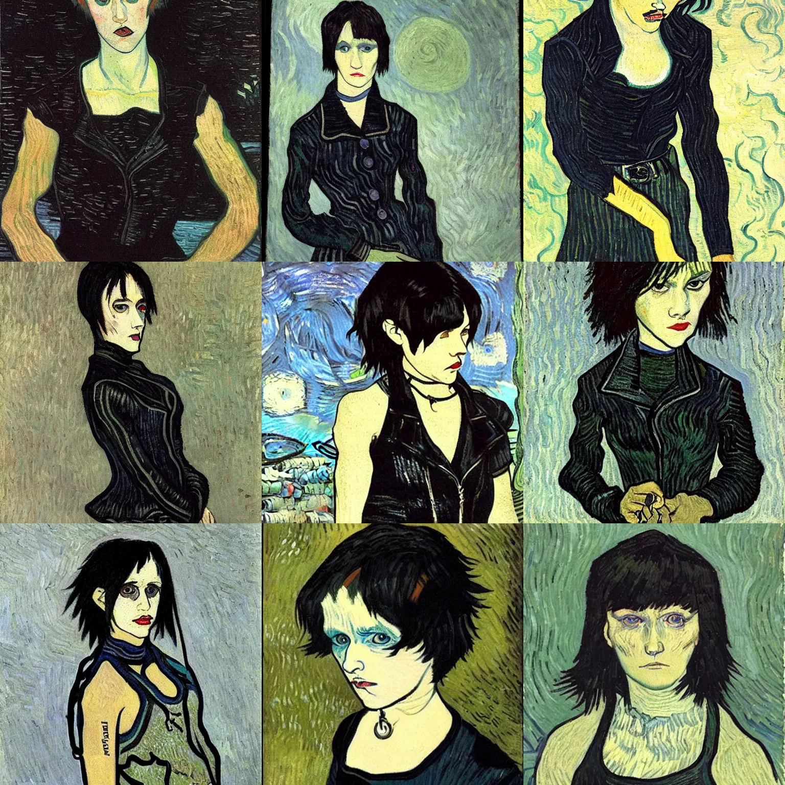 Prompt: an emo painted by vincent van gogh. her hair is dark brown and cut into a short, messy pixie cut. she has large entirely - black evil eyes. she is wearing a black tank top, a black leather jacket, a black knee - length skirt, a black choker, and black leather boots.