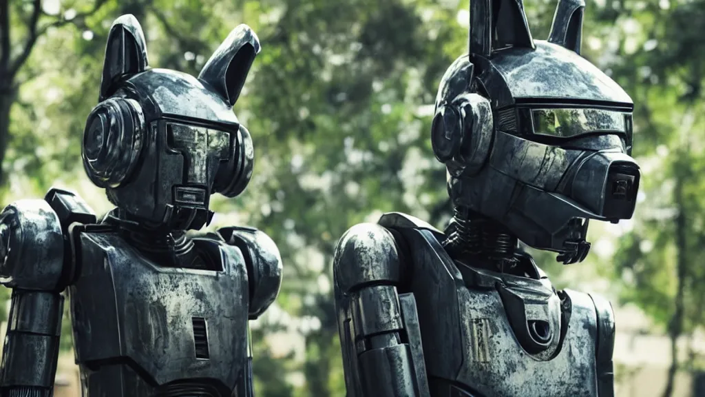 Image similar to film still from the movie chappie of the robot chappie shiny metal outdoor park plants garden scene bokeh depth of field several figures furry anthro anthropomorphic stylized cat ears wolf muzzle head android service droid robot machine fursona