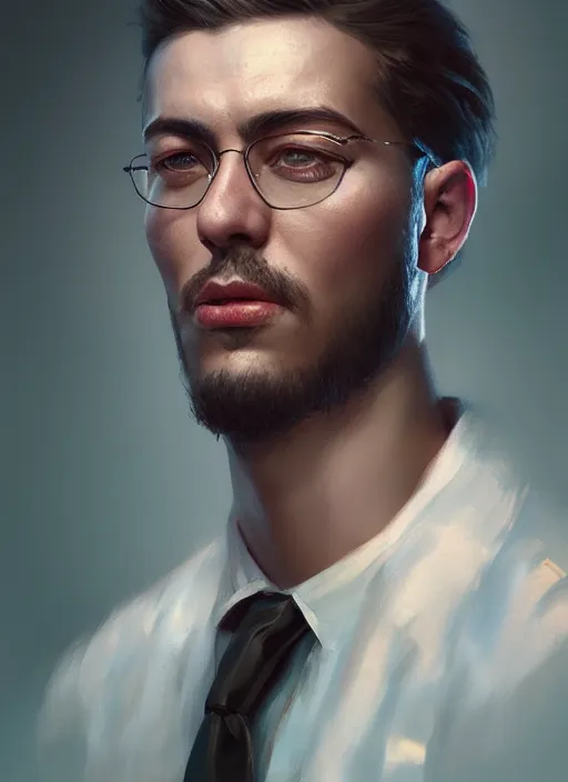 Prompt: a detailed painted portrait of karl maex by artist hadi karimi, wlop, artgerm, greg rutkowski, smirk expression, dramatic lowkey studio lighting, accurate skin textures, hyperrealism, aesthetically pleasing and harmonious vintage colors