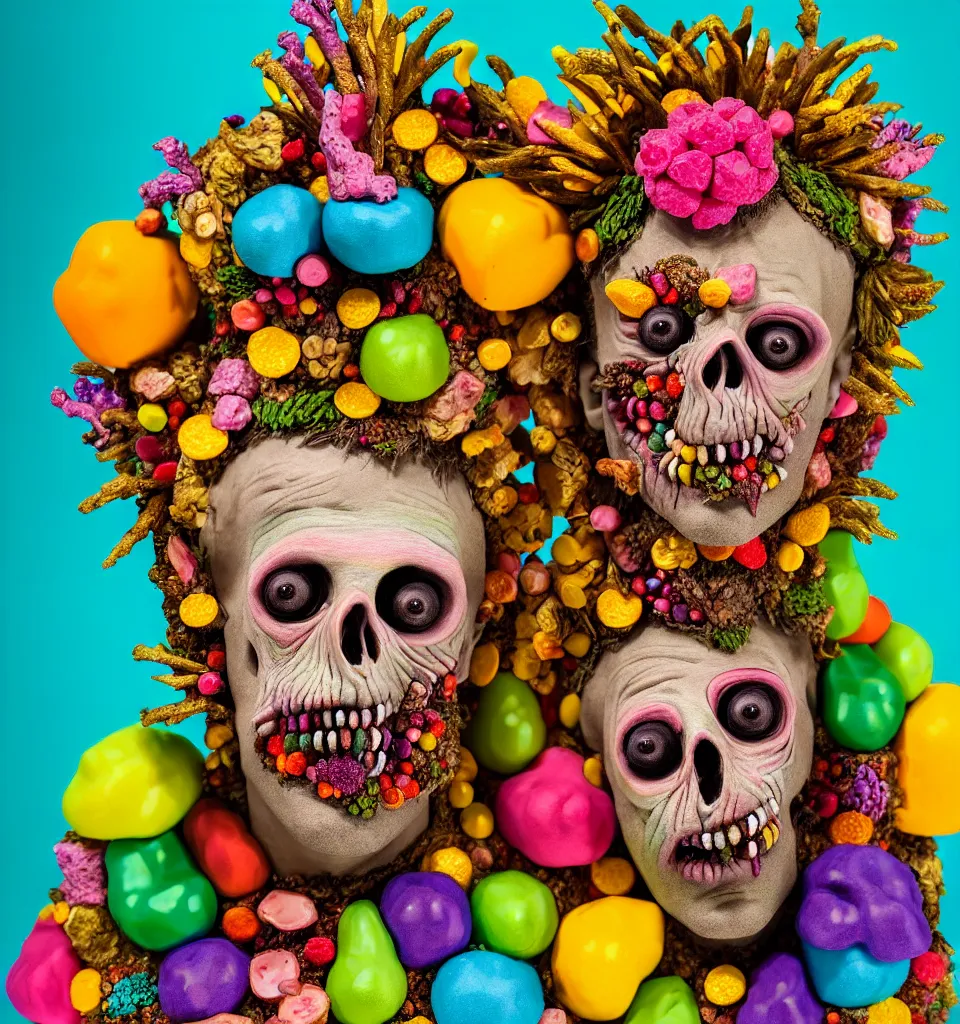 Prompt: headshot of a trickster nature zombie, head made of fruit gems and flowers in the style of arcimboldo, fragonard, photorealistic, dynamic lighting, action figure, clay sculpture, claymation, turquoise pink and yellow, rainbow stripe backdrop