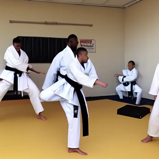 Prompt: taekwondo with raekwon at dojo rendered by pedro conti