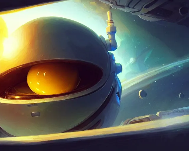 Prompt: a fried egg driving a spaceship, inside a spaceship, deep focus, d & d, sci - fy, intricate, elegant, highly detailed, digital painting, artstation, concept art, matte, sharp focus, illustration, hearthstone, art by artgerm and greg rutkowski and alphonse mucha