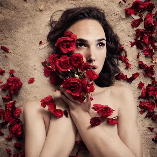 Image similar to full body fine art photo of the beauty gal gadot, she is covered with dried roses, taken by oleg oprisco