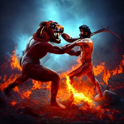 Prompt: “an 8k uhd photorealistic picture of Bahubali fighting a demon tiger at the gates of hell”