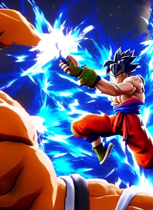 Image similar to game still of a sayan goku as a fortnite skin in fortnite by fortnite, pose.