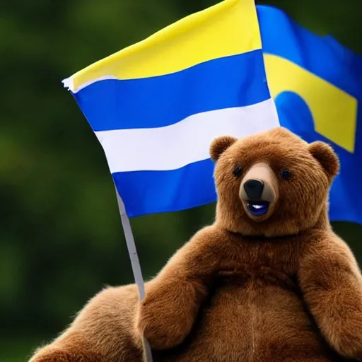 Prompt: Putin riding a bear with a Ukrainian flag