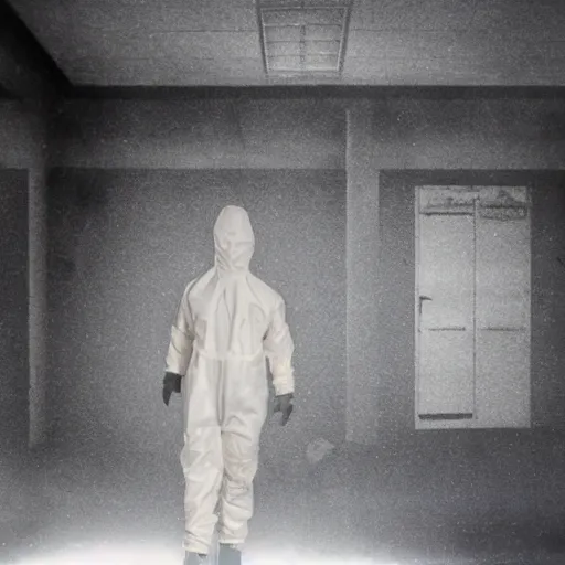 Image similar to news reporter in a hazmat suit 1 9 9 0 s news found footage of an abandoned soviet downtown with a humanoid scp hidden in background, liminal space, backrooms, scp, film grain, rundown, eerie, dark lighting, 3 5 mm, realistic, photograph, hazmat suits, foggy, silent hill style, detailed, hyperrealistic