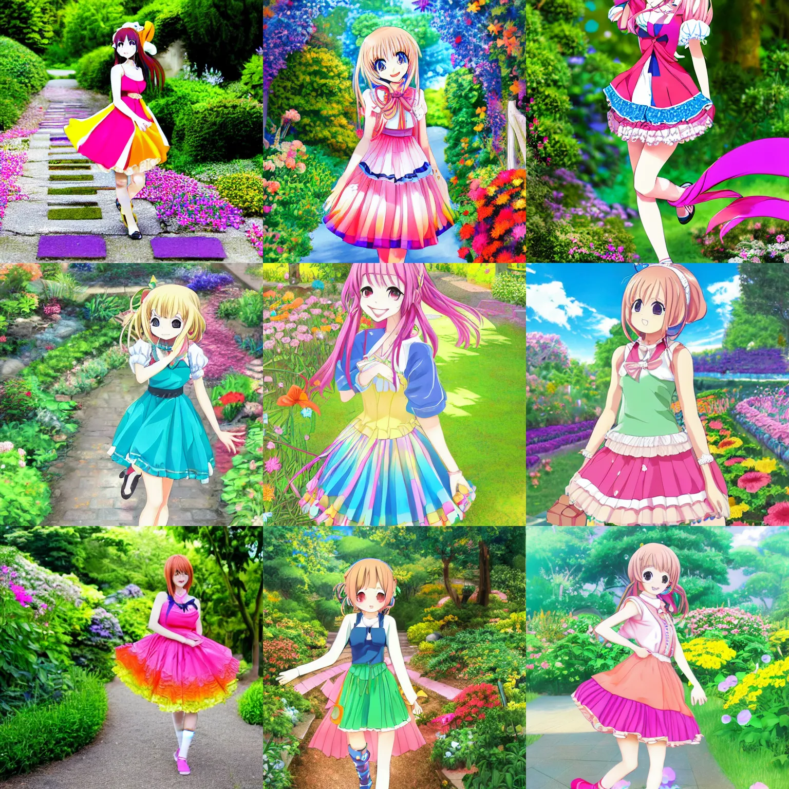 Prompt: a very cute art of a smiling anime girl idol wearing a colorful dress, walking at the garden, detailed