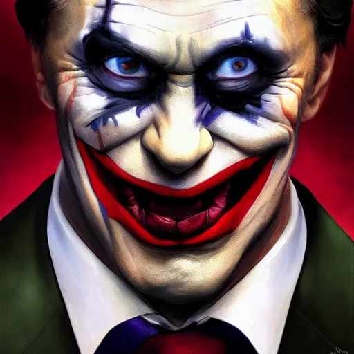 Image similar to Vladimir Putin as Joker from The Dark Knight, portrait, highly detailed, digital painting, artstation, concept art, smooth, sharp focus, illustration, cinematic lighting, art by artgerm and greg rutkowski and alphonse mucha