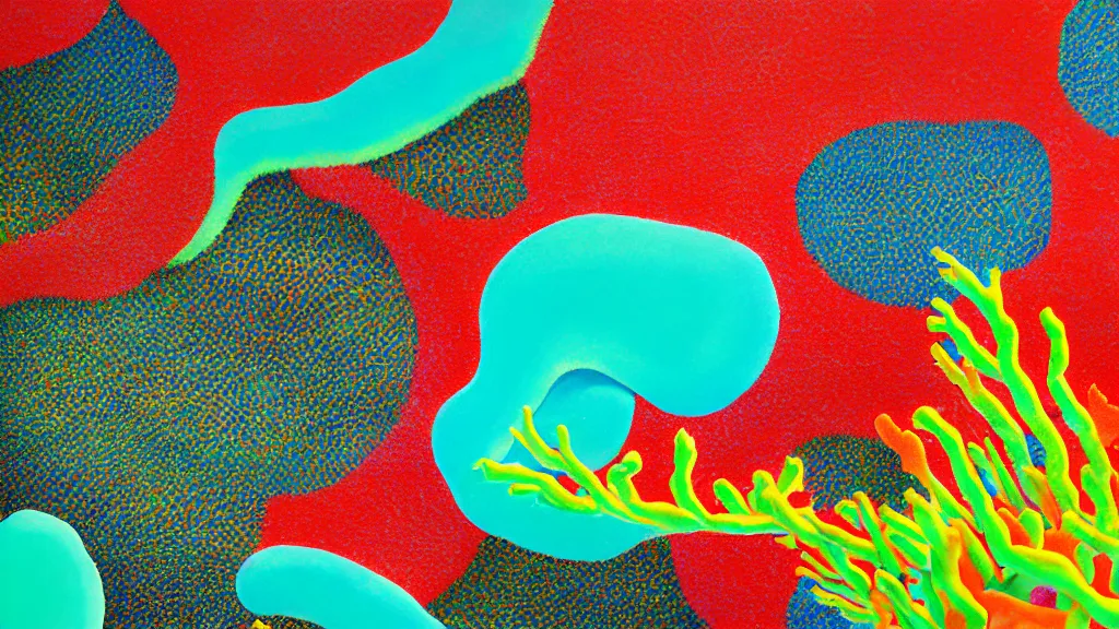 Prompt: coral reef close - up okinawa prefecture, japan, a collage painting, in the style of wes anderson, lola dupre, david hockney, isolated on negative white space background dark monochrome neon fluorescent spraypaint accents volumetric octane render