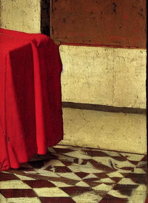 Image similar to red cloth of the floor, medieval painting by jan van eyck, johannes vermeer, florence