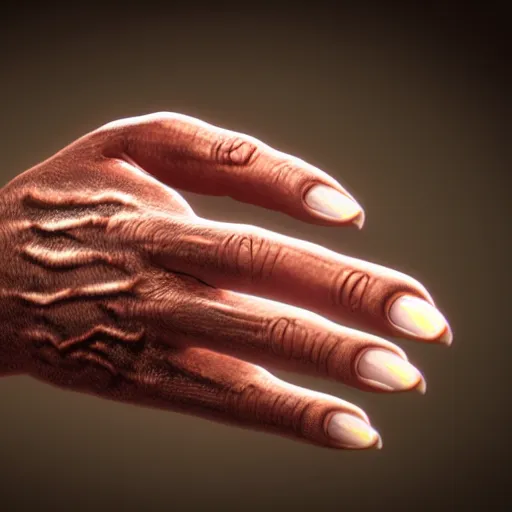 Image similar to A beautiful hyper realistic ultra detailed lifelike cinematic still of hand with 26 fingers, unreal engine, deviantart, flickr, artstation, octane render, textured, colorful, extreme realistic detail, physically based rendering, pbr render, very detailed, volumetric lighting, detailed lighting, octane render, 4k, cinematic lighting, 8k resolution