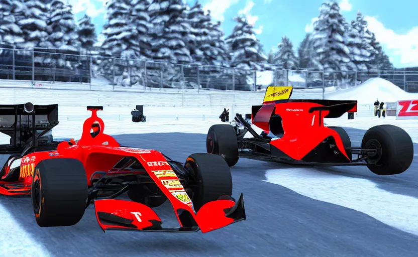 Prompt: f1 car racing on ice in trackmania