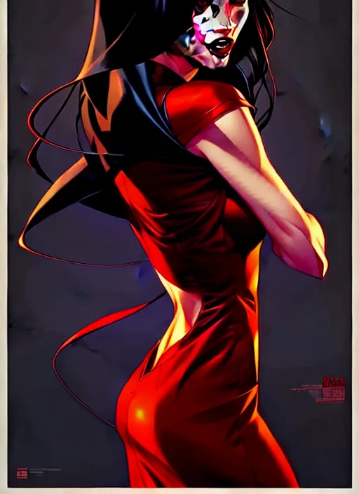 Image similar to artgerm, joshua middleton comic cover art, full body pretty megan fox vampire sharp teeth, red dress, symmetrical eyes, symmetrical face, long curly black hair, dark castle background background, cinematic lighting