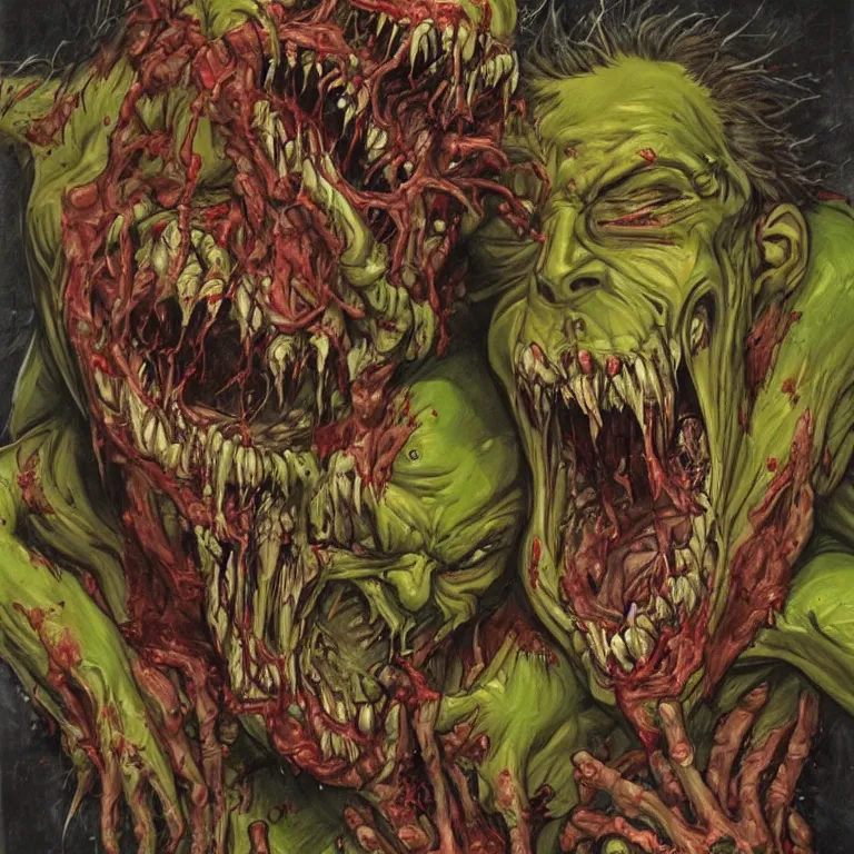 Prompt: a comic book cover of a scary horrifying 2 headed mutant zombie with its guts coming out of its mouth, highly detailed, oil on canvas