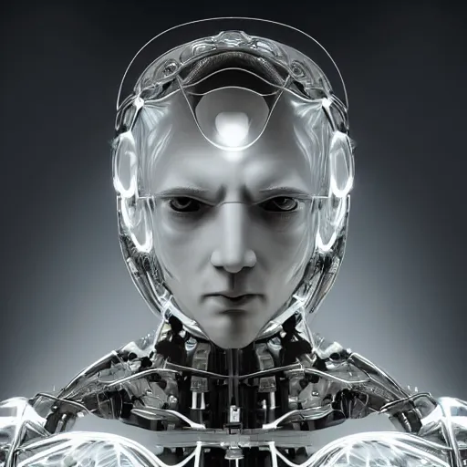 Image similar to beautiful centered fine art photo of man on cross as a solarpunk robotic humanoid, white mechanical parts with led lights, bouguereau style pose, photorealistic, white background, highly detailed and intricate, soft box lighting, hdr 8 k