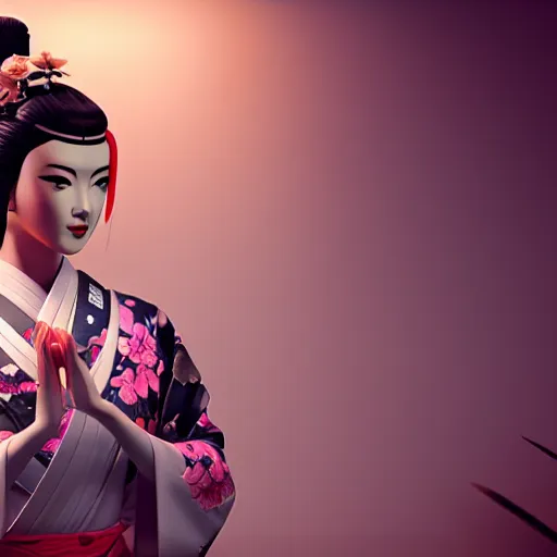 Image similar to an android geisha in a lotus position wearing a flowing kimono and tattoos, octane render, unreal engine, 8 k, cinematic, artwork by ilya kuvshinov