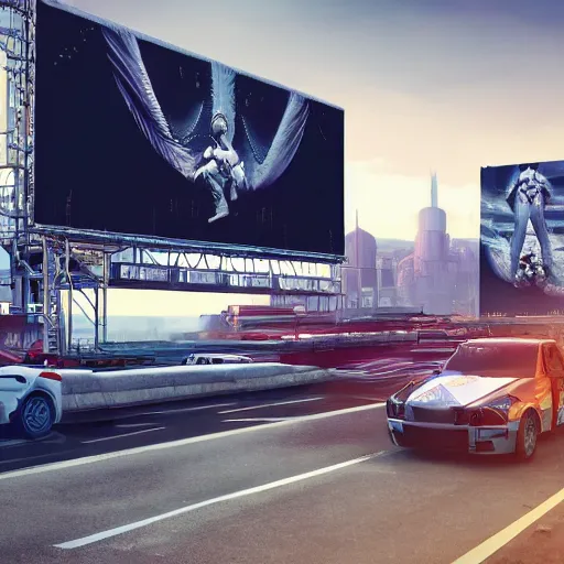 Prompt: car truck race sci-fi wall structure on the coronation of napoleon painting and digital billboard in the middle, unreal engine 5, keyshot, octane, artstation trending, ultra high detail, ultra realistic, cinematic, 8k, 16k, in style of zaha hadid, in plastic, dark, tilt shift,