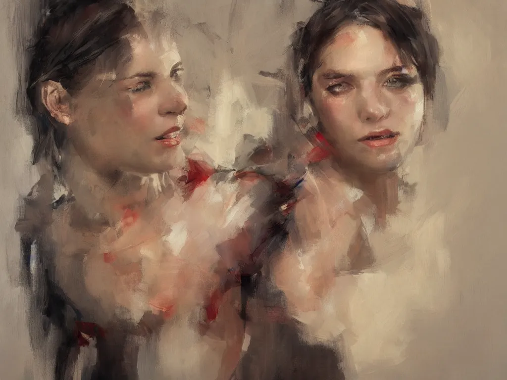 Image similar to spontaneous unfinished romantic portrait under painting, beautiful juicy brush strokes, by richard schmid and sargent, red, trending on cgsociety