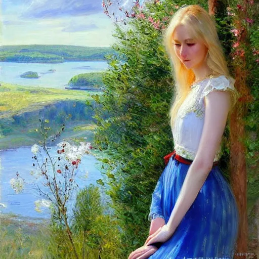 Image similar to blonde woman watching over the swedish countryside, archipelago, masterpiece, highly detailed, beautiful, atmospheric, impressionism, painting by Vladimir Volegov