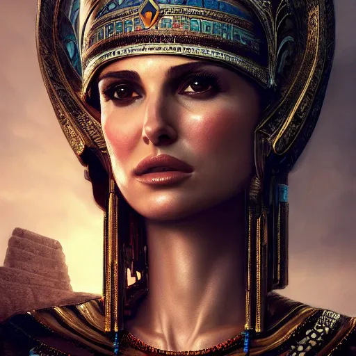 Image similar to closeup portrait of natalie portman as cleopatra, palace background, dramatic light, gorgeous view, depth, high detail, digital art, painted by greg rutkowski and seb mckinnon, neuromancer, trending on artstation