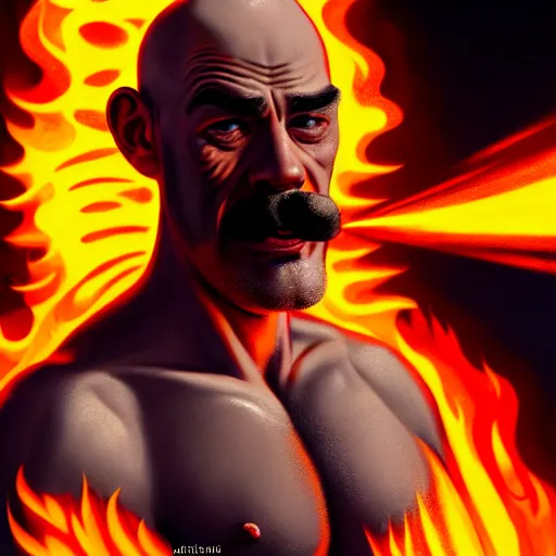 Prompt: bald boxer with chest tattoos with van dyke beard on fire, digital art, cinematic, concept art, 8k, painting, imaginefx, cgsociety, syd mead, trending on artstation, wide shot, full shot