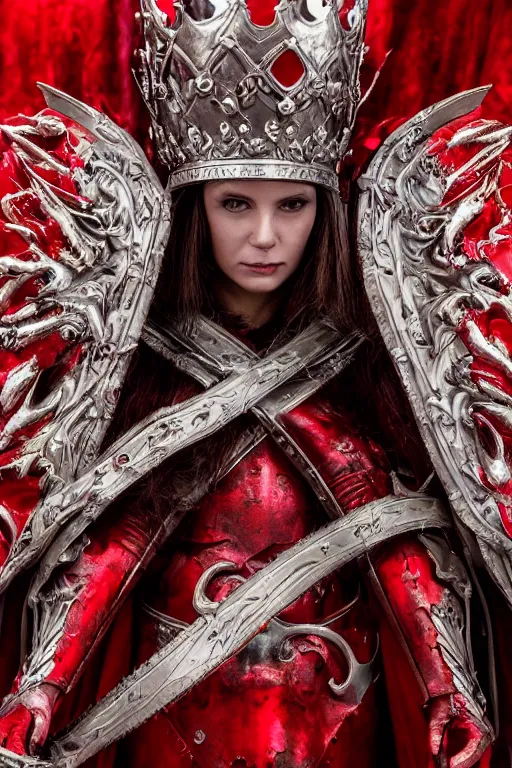 Image similar to the blood crown queen wears the scarlet armor on the bleeding throne, cinematic lighting, various refining methods, micro macro autofocus, ultra definition, award winning photo