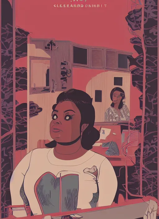 Image similar to poster artwork by James Jean and Tomer Hanuka, of Octavia Spencer has a mysterious man's voice in her hear who lives in a resort, psychological thriller film scene from scene from Twin Peaks, clean, simple illustration, nostalgic, domestic, full of details