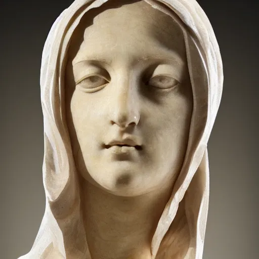 Image similar to a masterpiece marble sculpture of the veiled virgin, subsurface cracks, !dramatic !face, !female, covered in intricate !detailed golden !!streaked veil , physically based rendering, photo realistic, top light , dark background