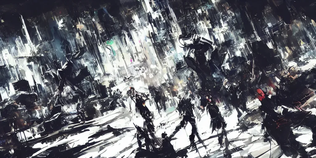 Image similar to concept art of pop star music concert by yoji shinkawa and ashley wood and j. m. w. turner, speed painting, photo bash, cinematic angle, super detailing, strong perspective