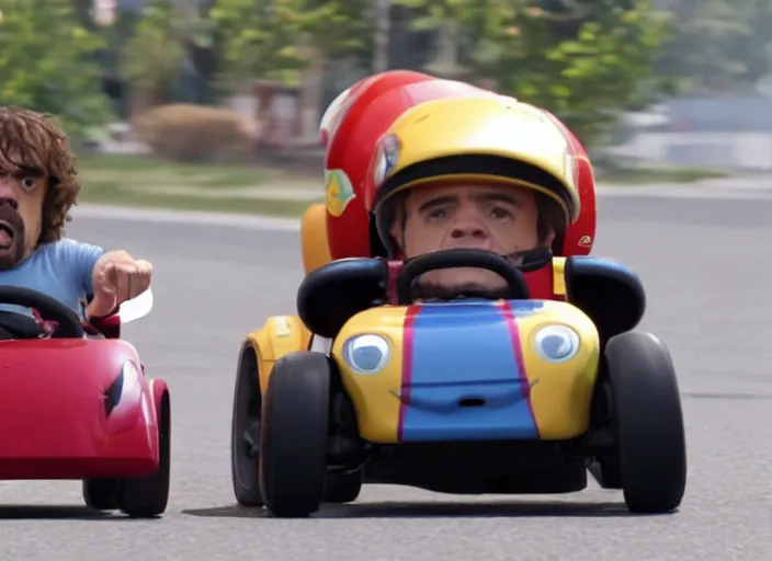 Image similar to peter dinklage racing vin diesel driving a little tikes cozy coupe, movie still, from the new gone in 6 0 seconds movie, 8 k, realistic