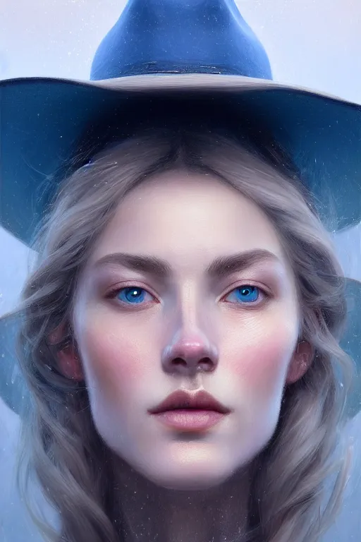 Image similar to ultra detailed facial portrait of beautiful nordic woman, blue eyes, wearing cowboy hat, extremely detailed digital painting, in the style of fenghua zhong and ruan jia and jeremy lipking and peter mohrbacher, mystical colors, rim light, beautiful lighting, 8 k, stunning scene, raytracing, octane, trending on artstation