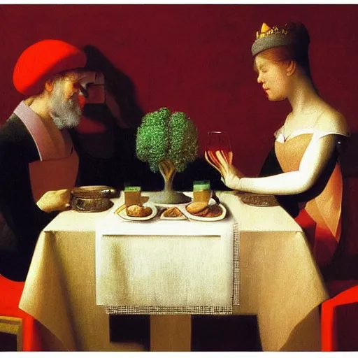 Image similar to a dinner fit for a king by Raphael, Hopper, and Rene Magritte. detailed, romantic, enchanting, trending on artstation.