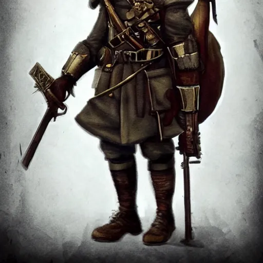 Image similar to A High fantasy WW1 dwarve soldier holding a enchanted rifle trending on artstation deviantart Pinterest detailed High Resolution HD 8k