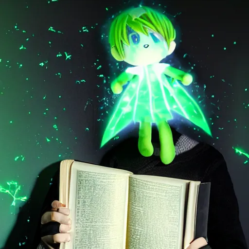 Prompt: cute fumo plush of a boy holding a large book of forbidden spellcasting, particle simulation, eerie glow, black and white with green lighting,