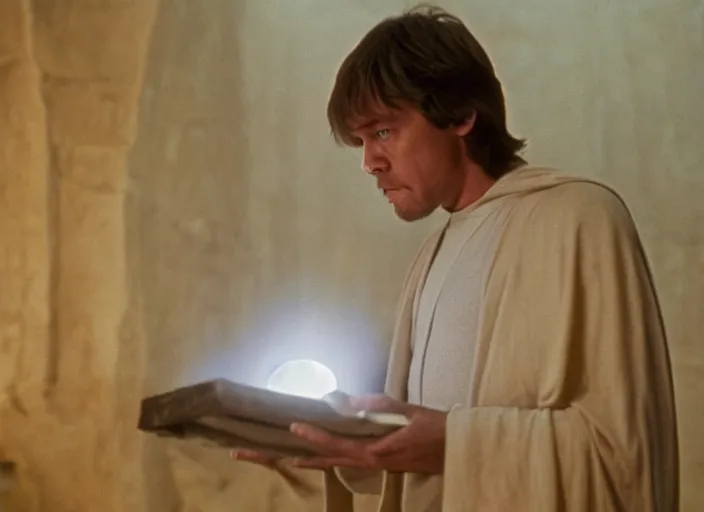 Image similar to single portrait of Luke skywalker uncovering the glowing ancient jedi texts. a hazy ethereal ancient Jedi cathedral, screenshot from the 1983 film Holy Mountain, directed by Jordowsky, Photographed with Leica Summilux-M 24 mm lens, ISO 100, f/8, Portra 400, kodak film, anamorphic lenses